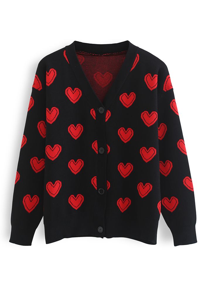 Cardigan en tricot boutonné Cutie Heart en noir
