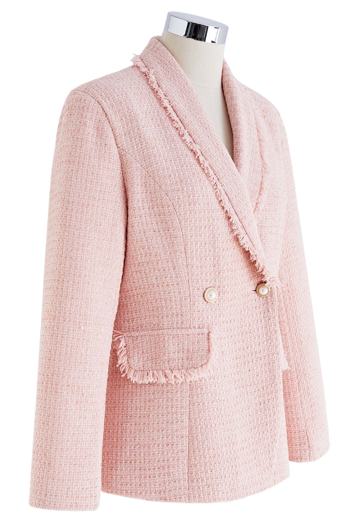 Blazer en tweed à bords frangés et col châle en rose