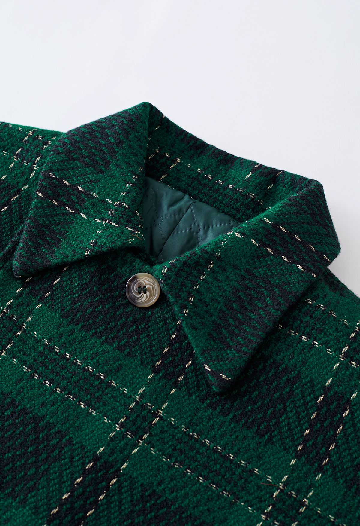 Ensemble veste courte en tweed à carreaux métallisés et jupe plissée en vert
