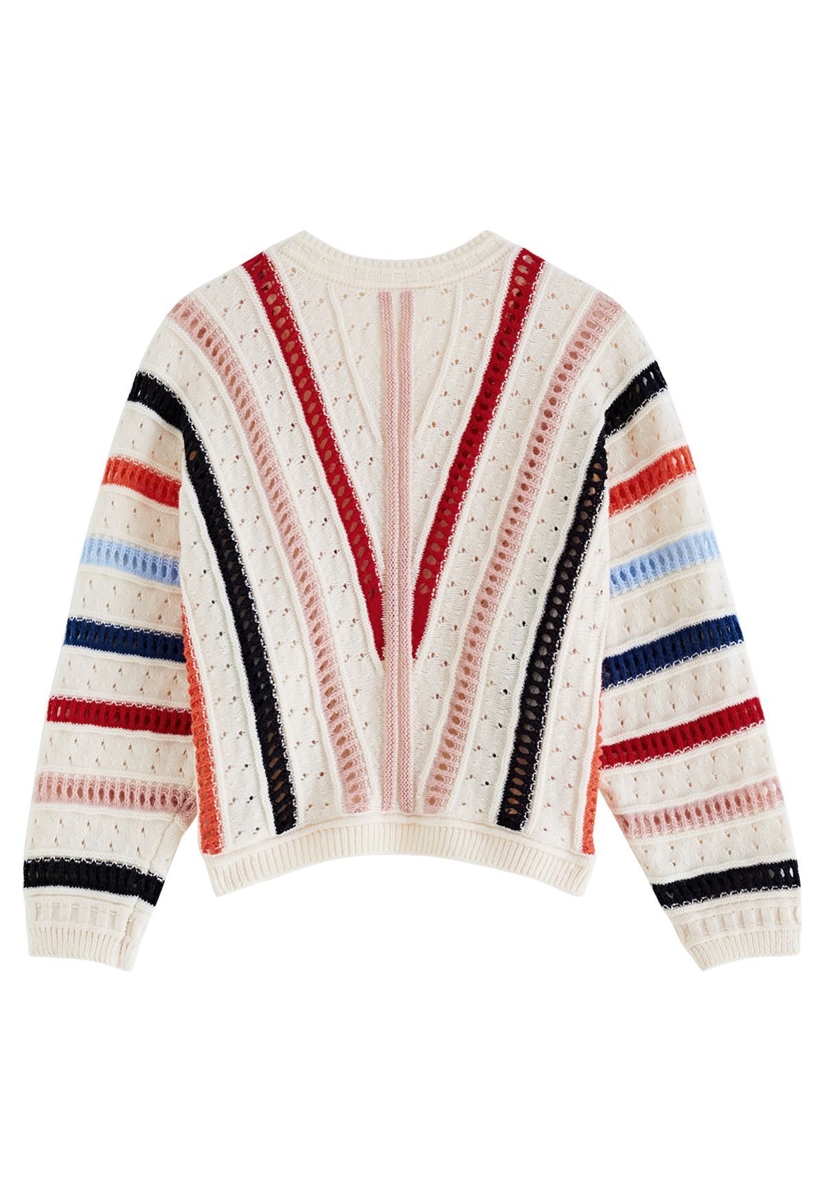 Pull en tricot creux à rayures colorées en forme de V