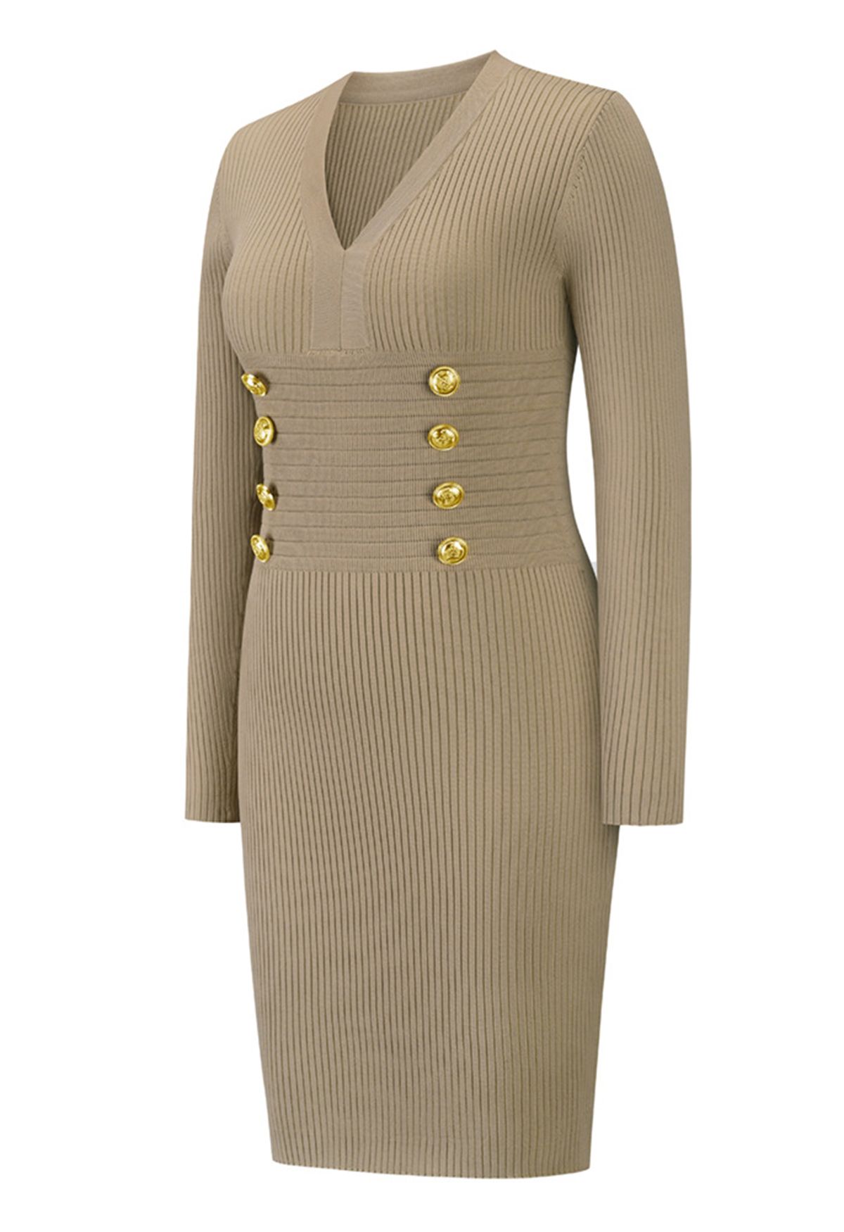 Decorous Gold Button Fitted Knit Dress in Light Tan