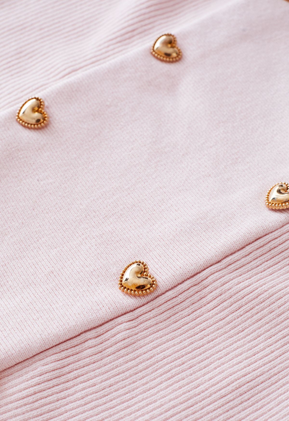 Haut en tricot à col carré et boutons en forme de cœur en rose clair