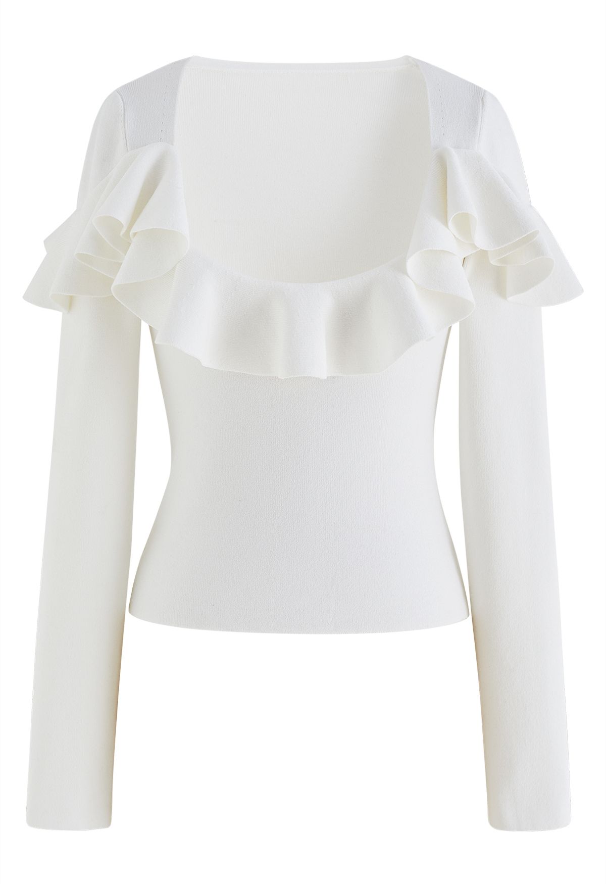 Sassy Wide Ruffles Neck Knit Top in White