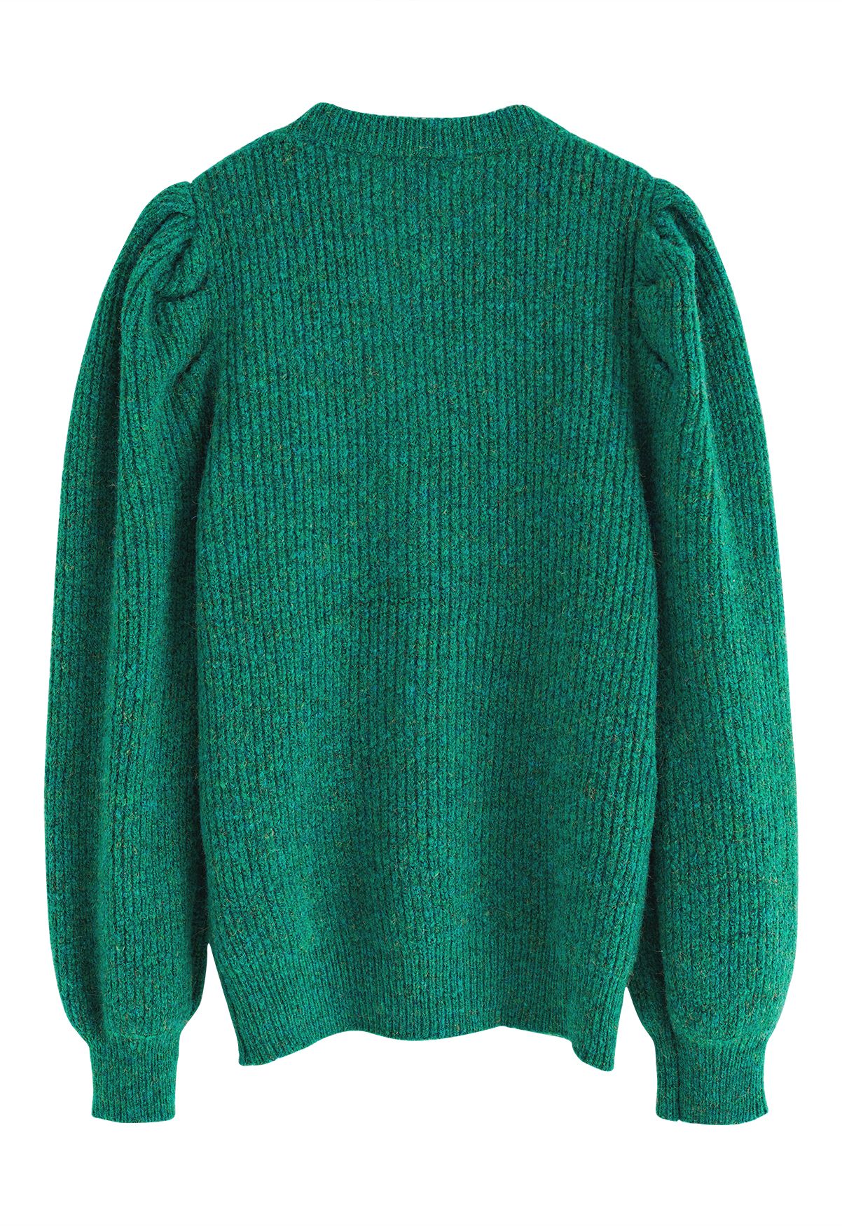 Pull côtelé à manches bouffantes en tricot mélangé en vert