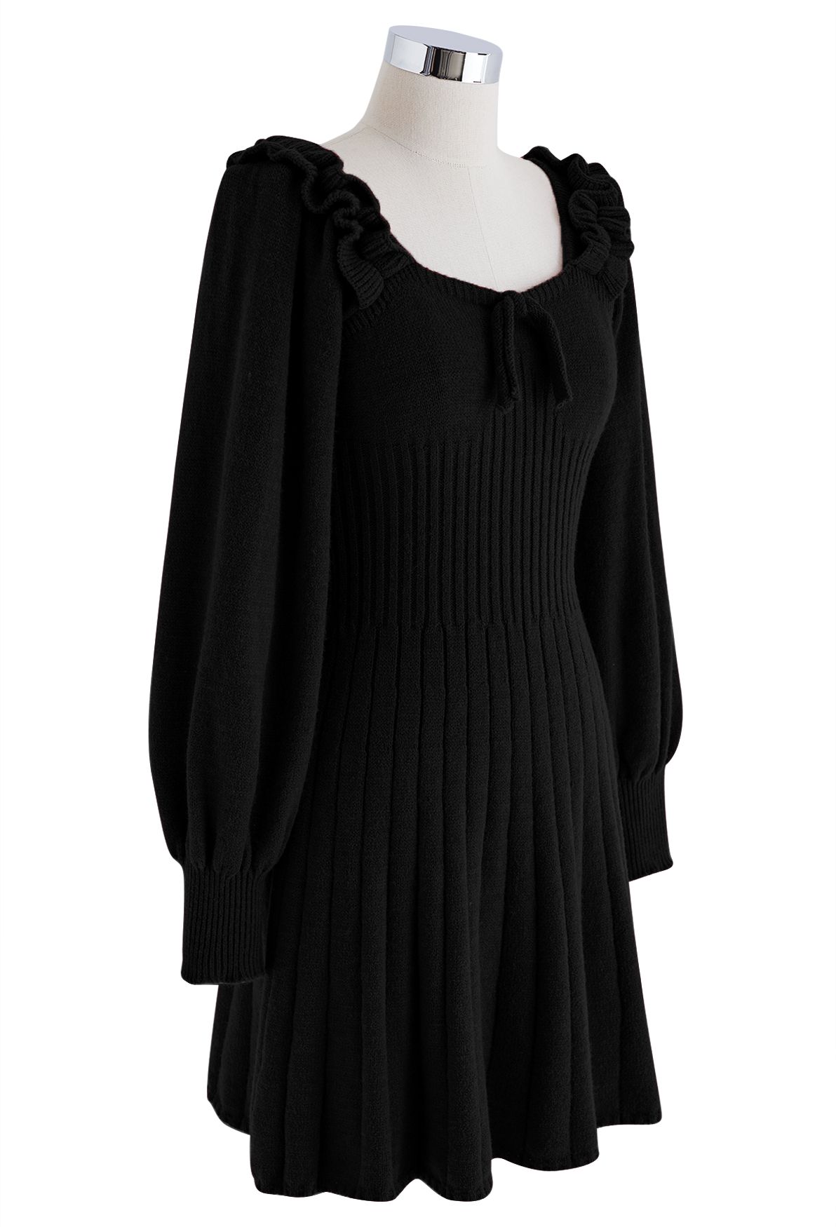 Mini-robe en tricot à encolure dégagée et nœud noué en noir