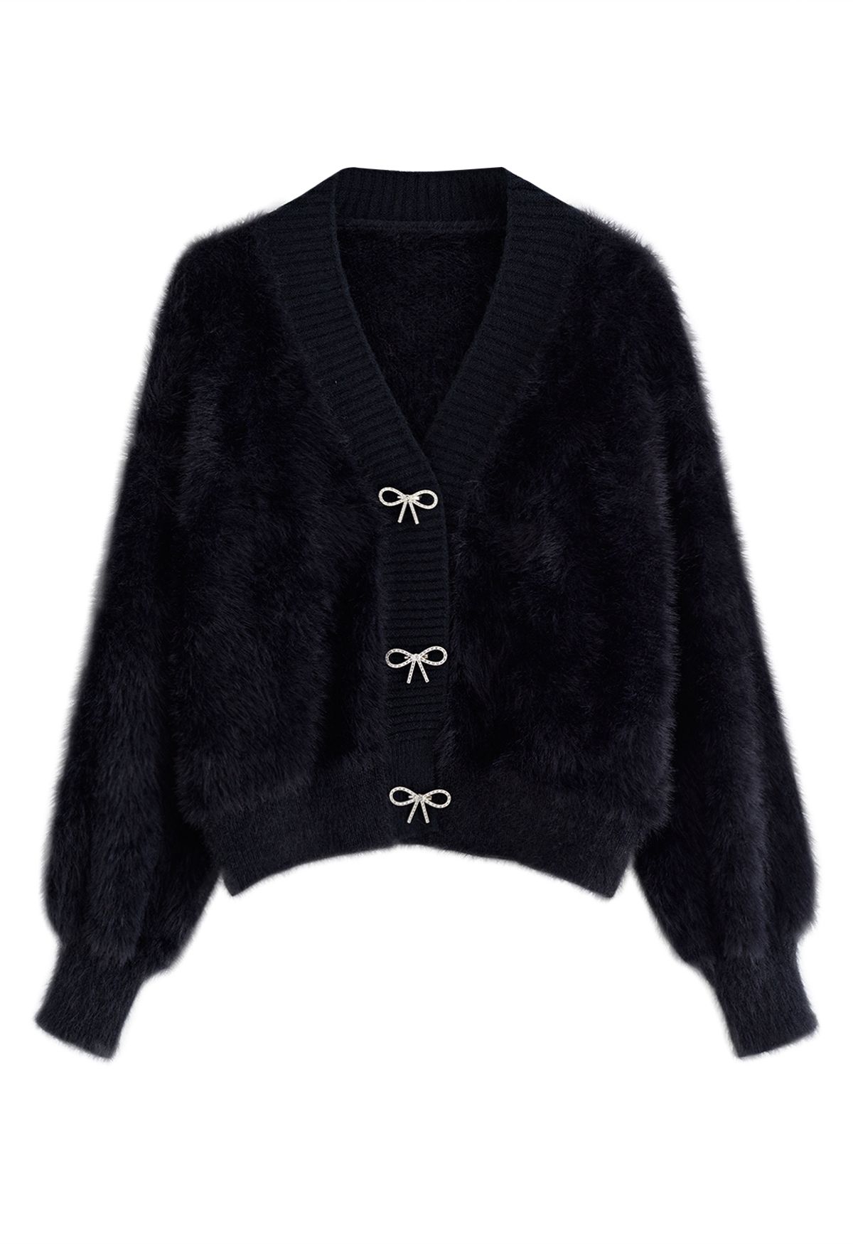 Cardigan en tricot pelucheux avec broche à nœud diamant en noir