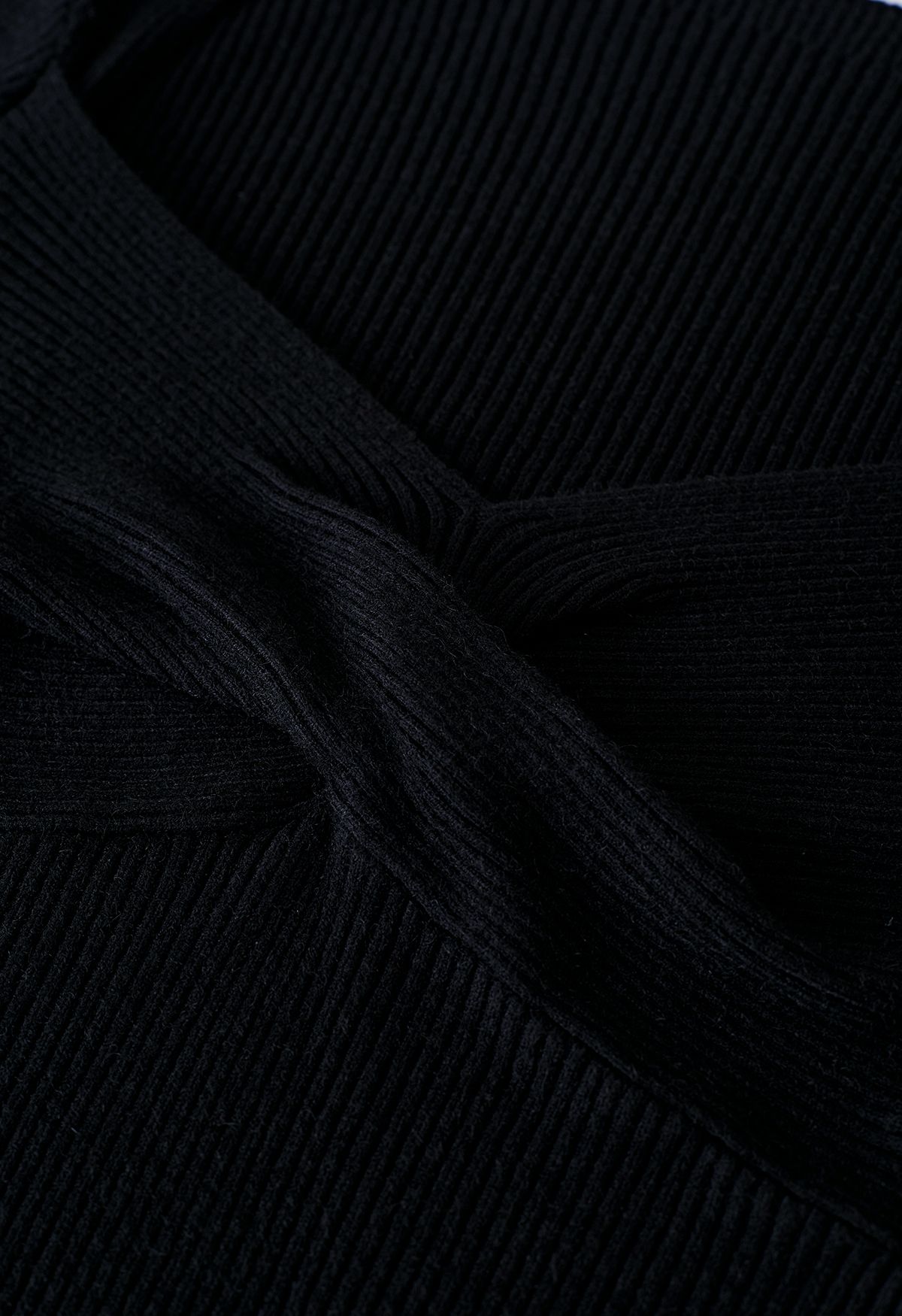Haut en tricot côtelé torsadé sur le devant en noir