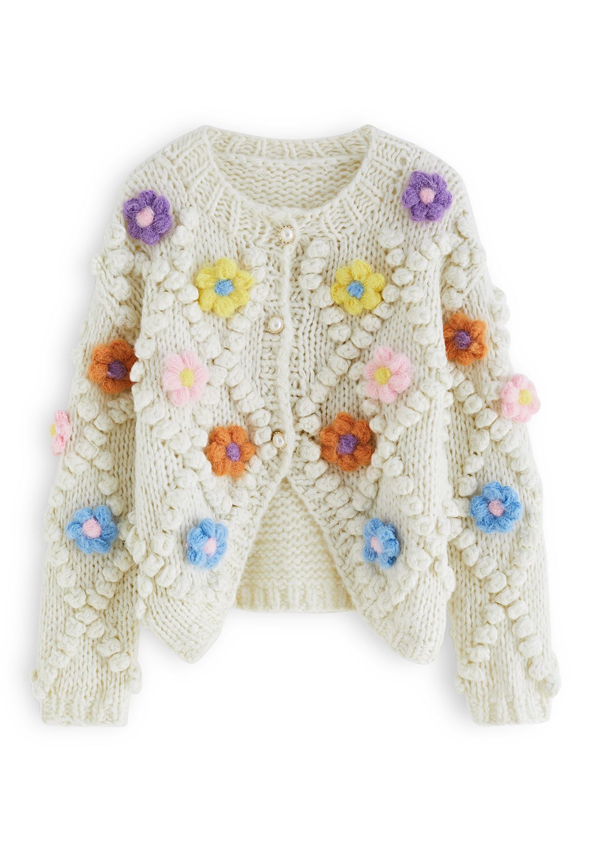 Cardigan boutonné en tricot fleuri à pompons