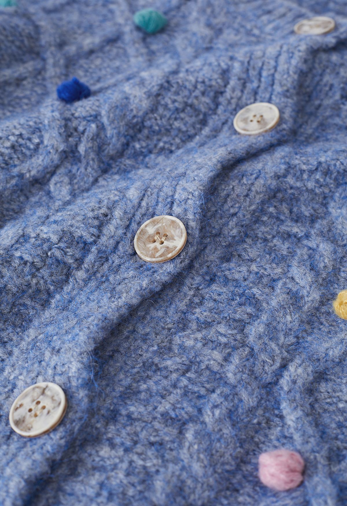 Colorful Pom-Pom Diamond Knit Cardigan in Blue
