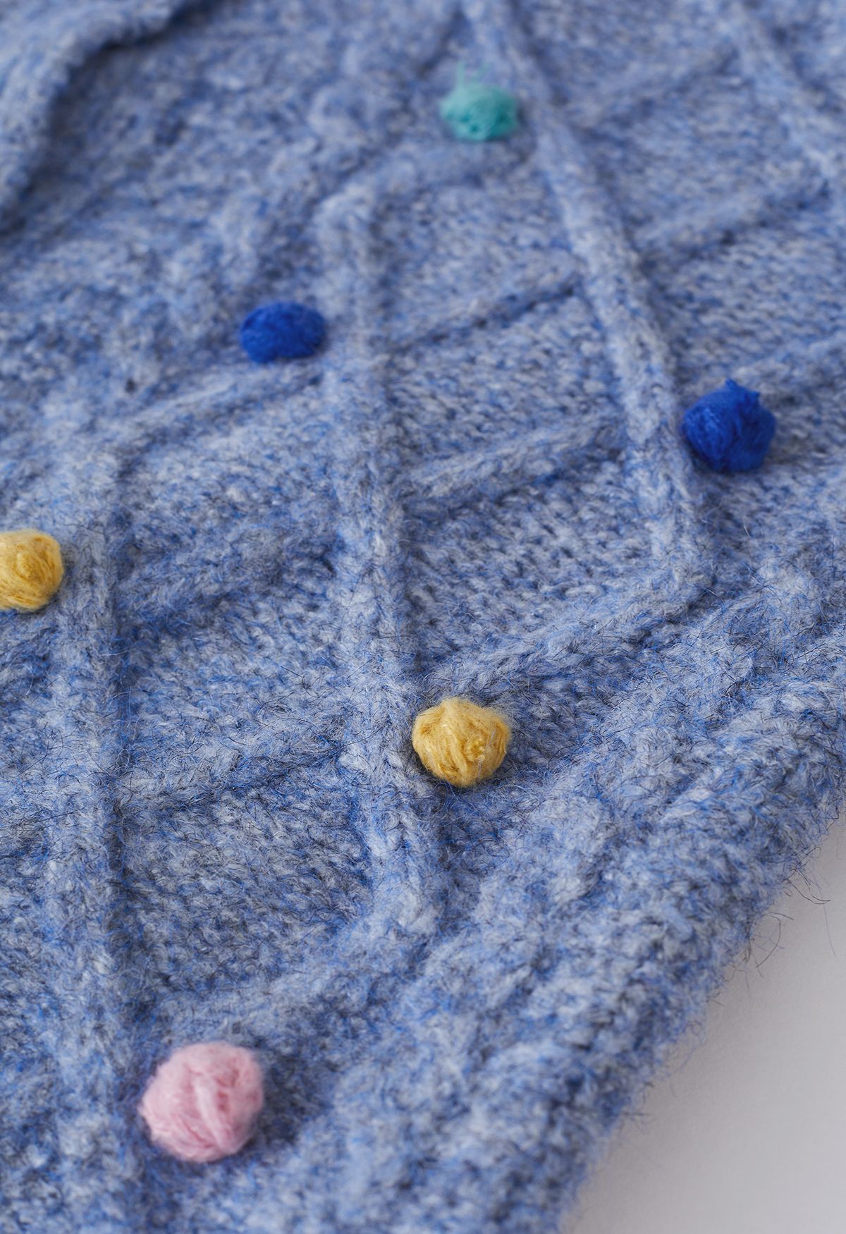 Colorful Pom-Pom Diamond Knit Cardigan in Blue