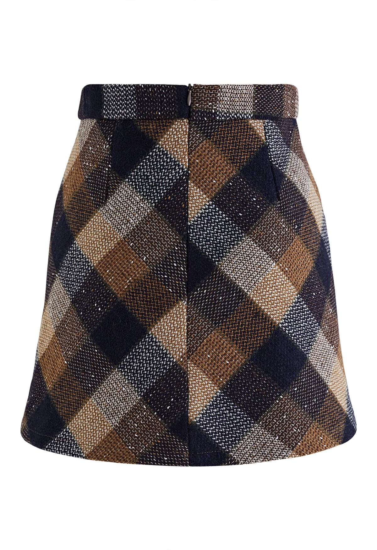 Mini-jupe en tweed à carreaux rétro en fauve