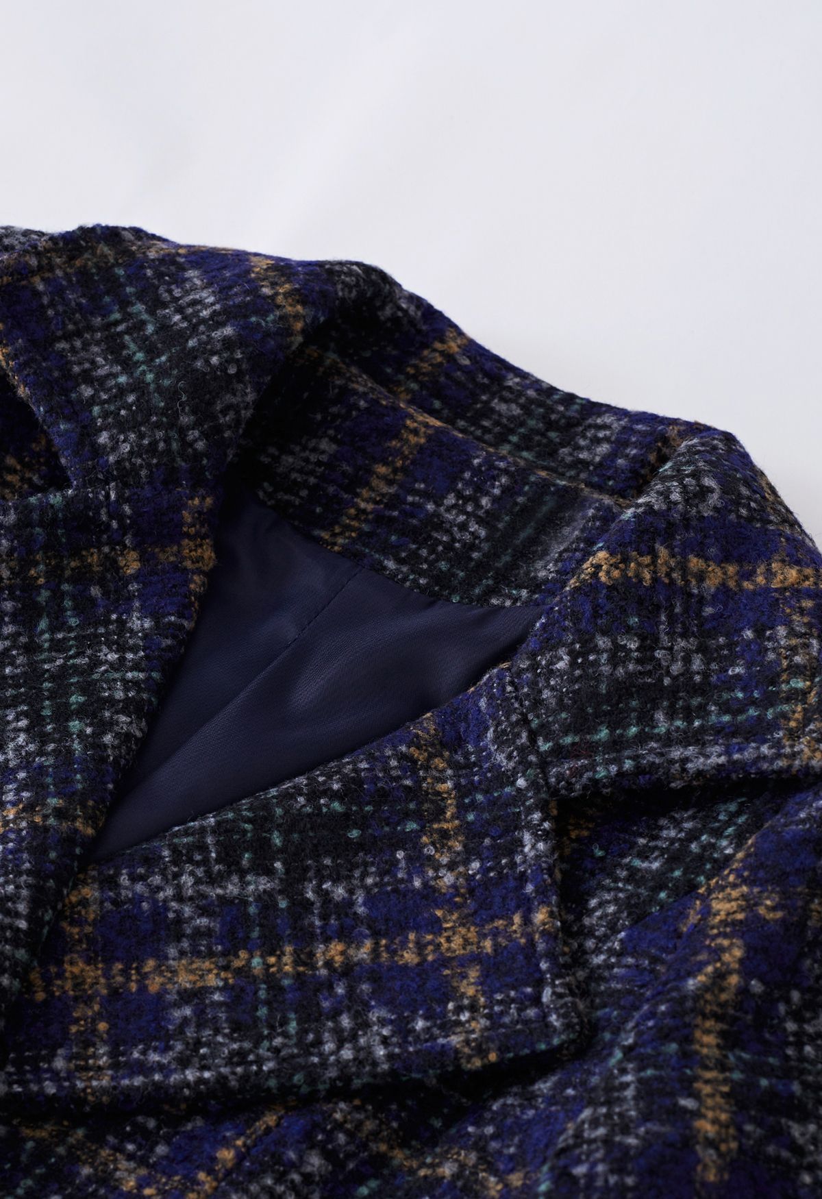 Manteau croisé en laine mélangée à carreaux rétro en bleu marine