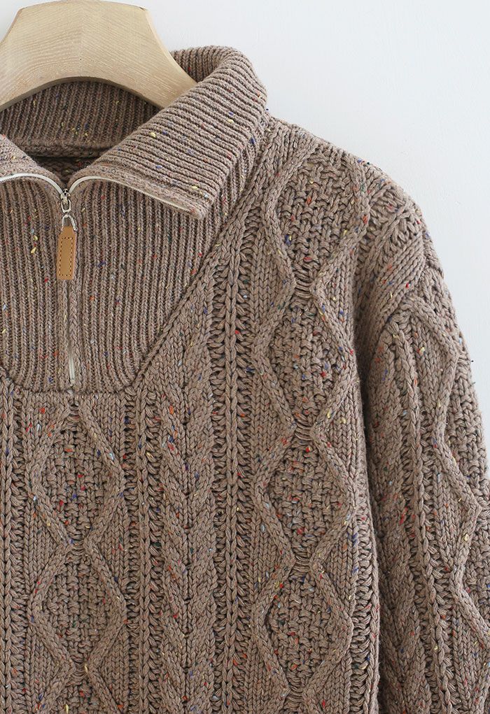 Pull en tricot de couleurs mélangées à col haut et fermeture éclair en marron