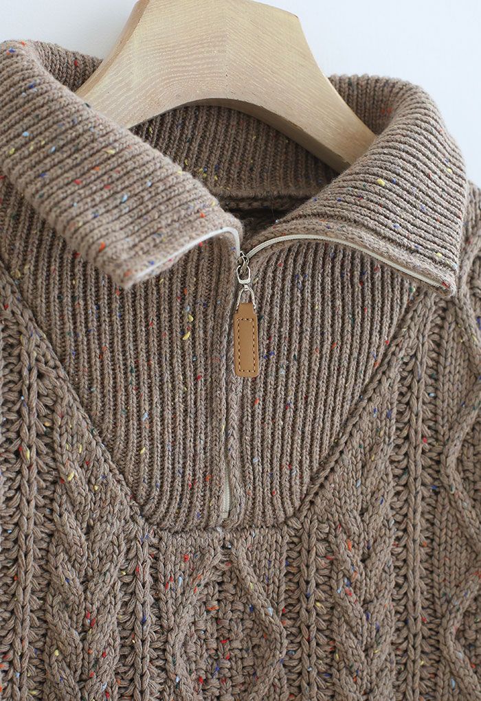 Pull en tricot de couleurs mélangées à col haut et fermeture éclair en marron