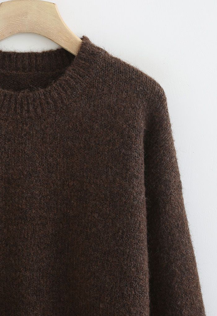 Pull en tricot flou confortable de couleur unie en marron