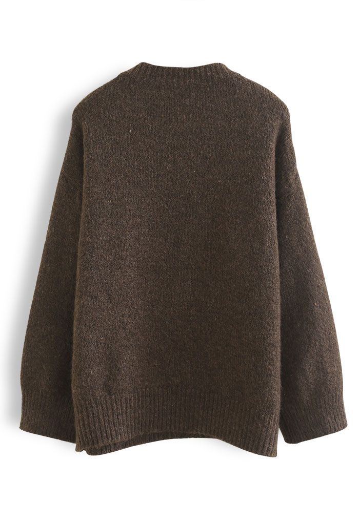 Pull en tricot flou confortable de couleur unie en marron