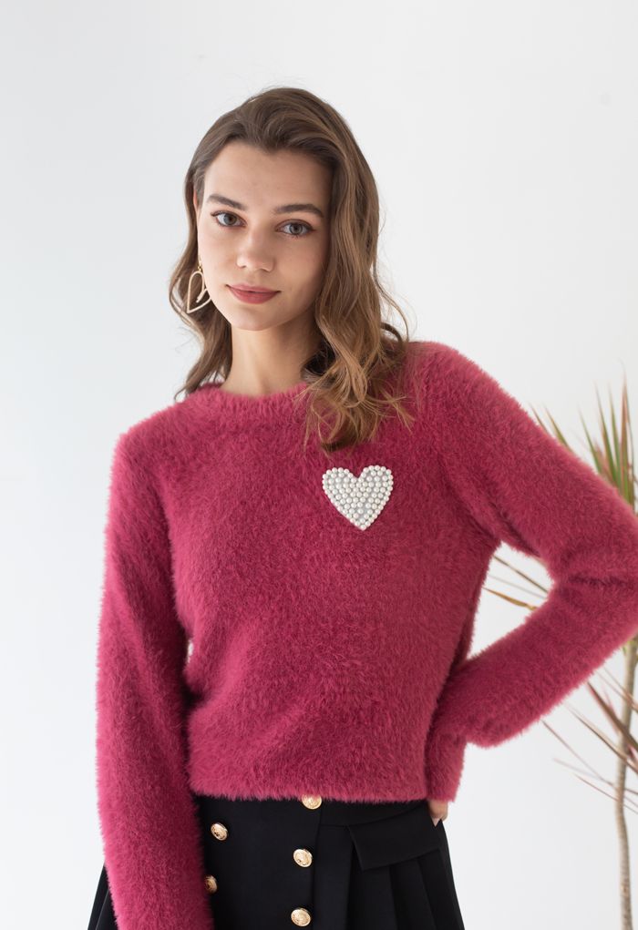 Pull en tricot doux et pelucheux avec patch cœur nacré en baie