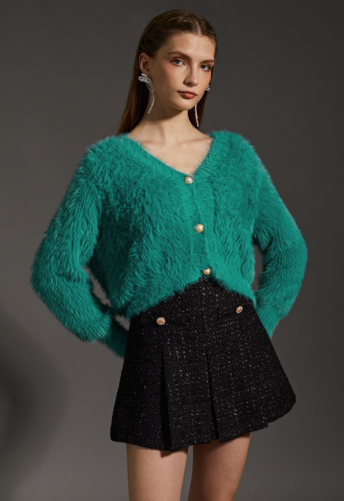 Ensemble Fuzzy Cami Top et Pearly Buttoned Cardigan en Turquoise