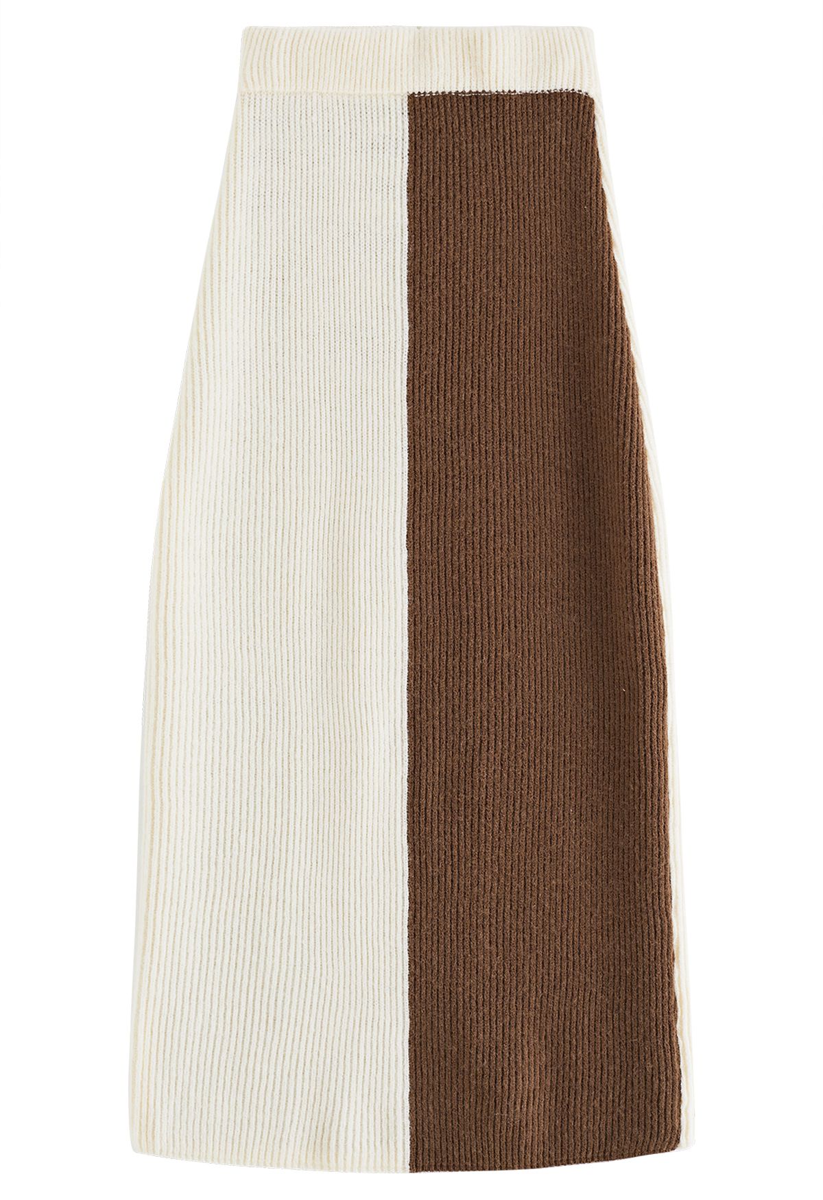 Ensemble pull surdimensionné en maille côtelée bicolore et jupe crayon en marron