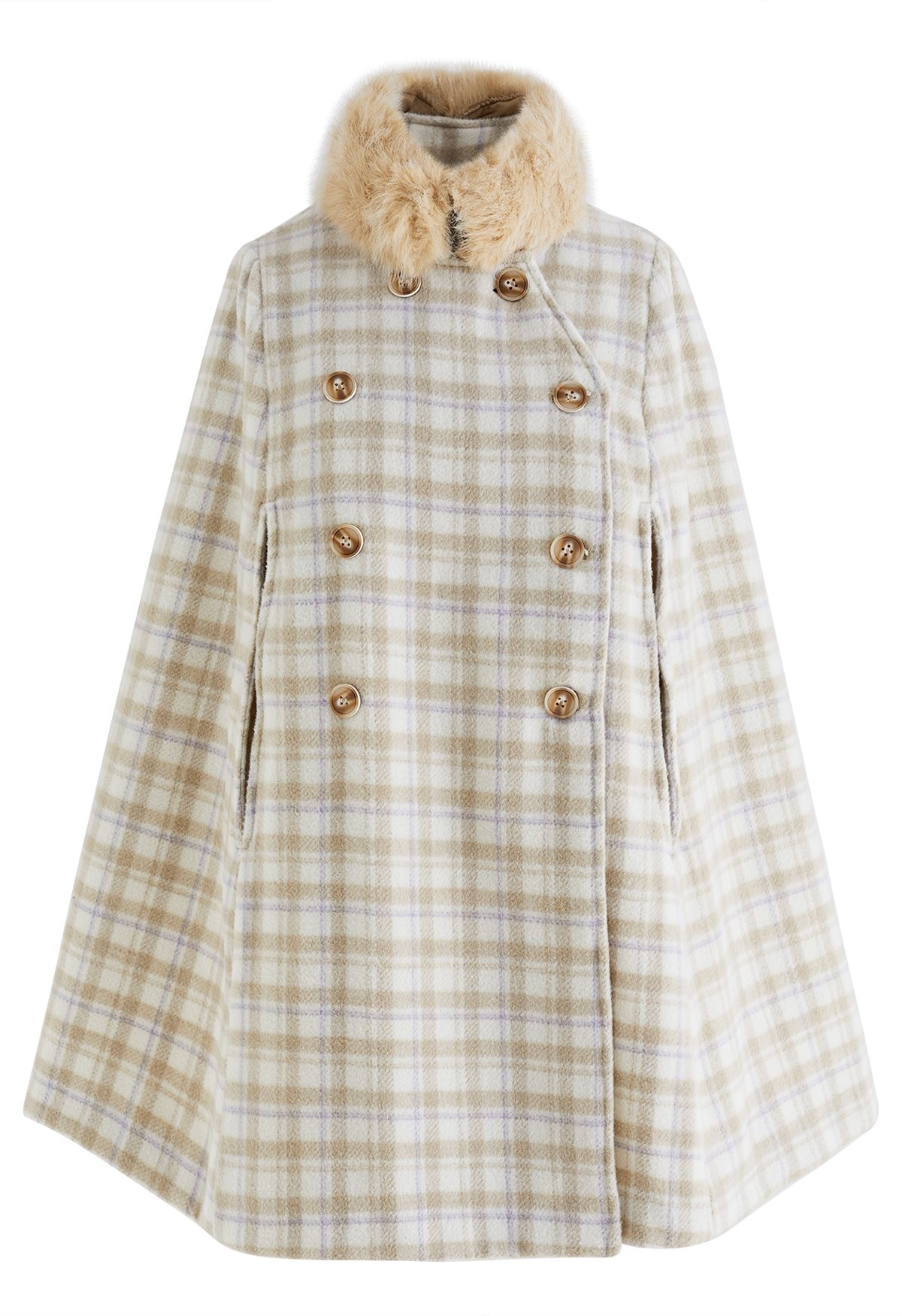 Plaid Faux Fur Collar Double-Breasted Cape Coat
