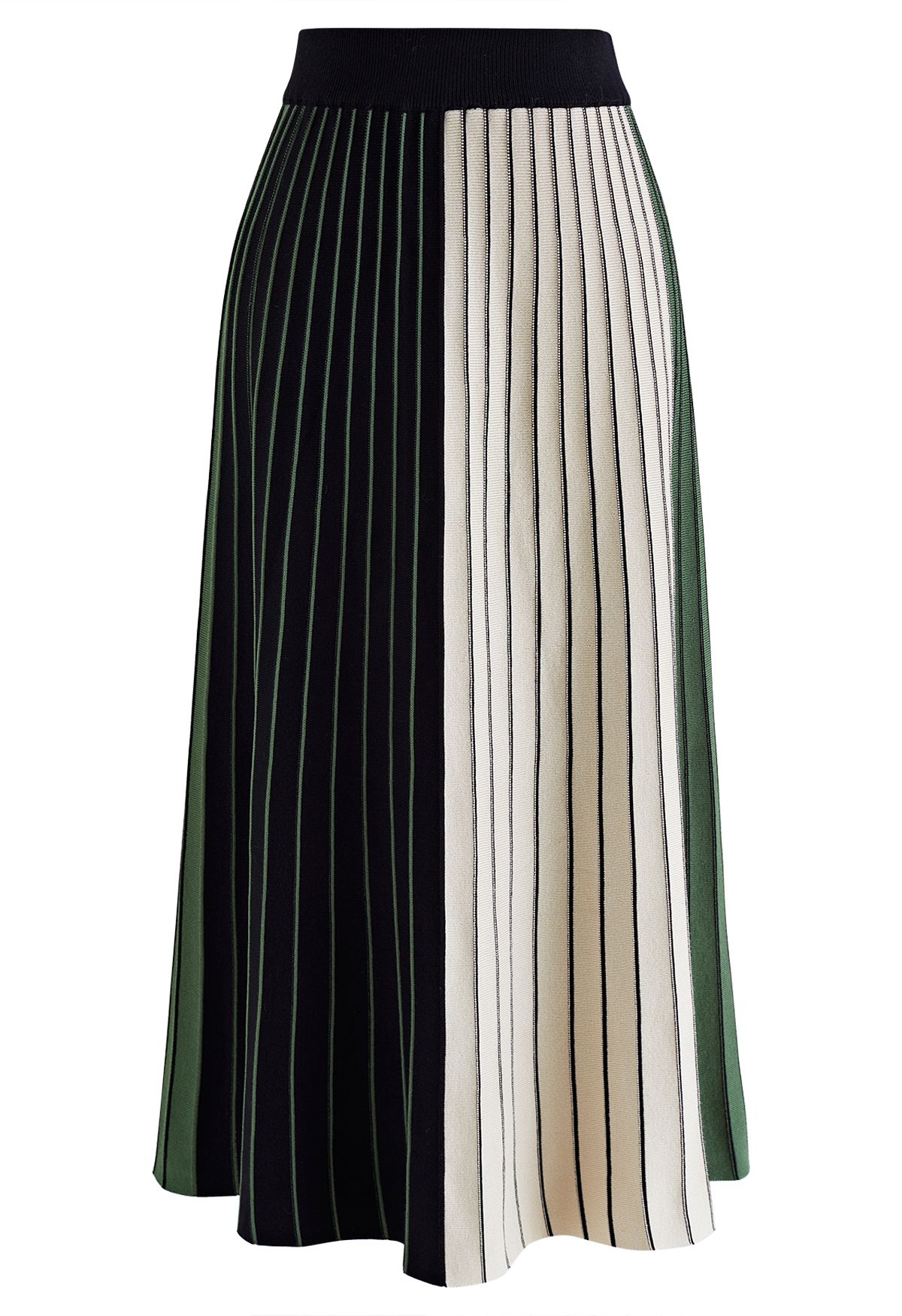 Jupe mi-longue à effet plissé color block en vert armée