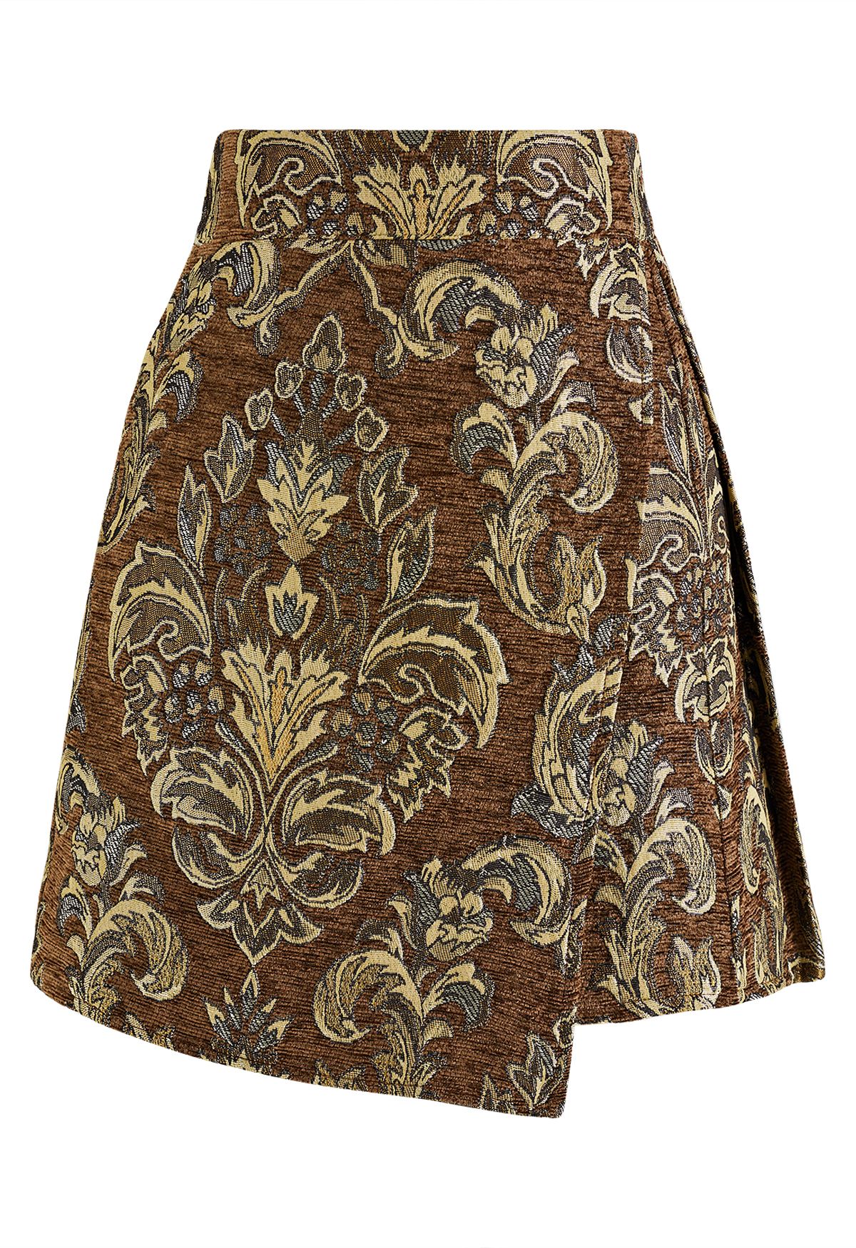Mini-jupe marron clair à rabat en jacquard pivoine baroque