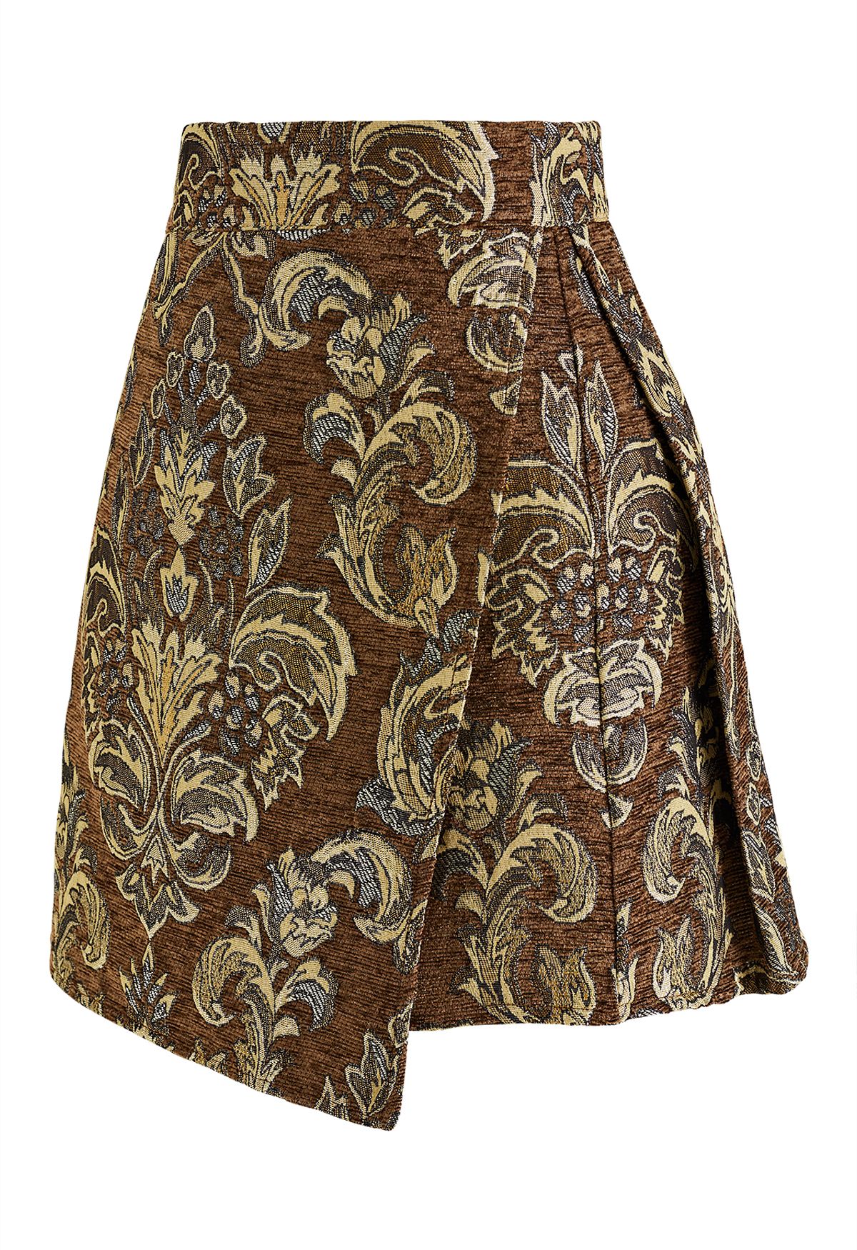 Mini-jupe marron clair à rabat en jacquard pivoine baroque