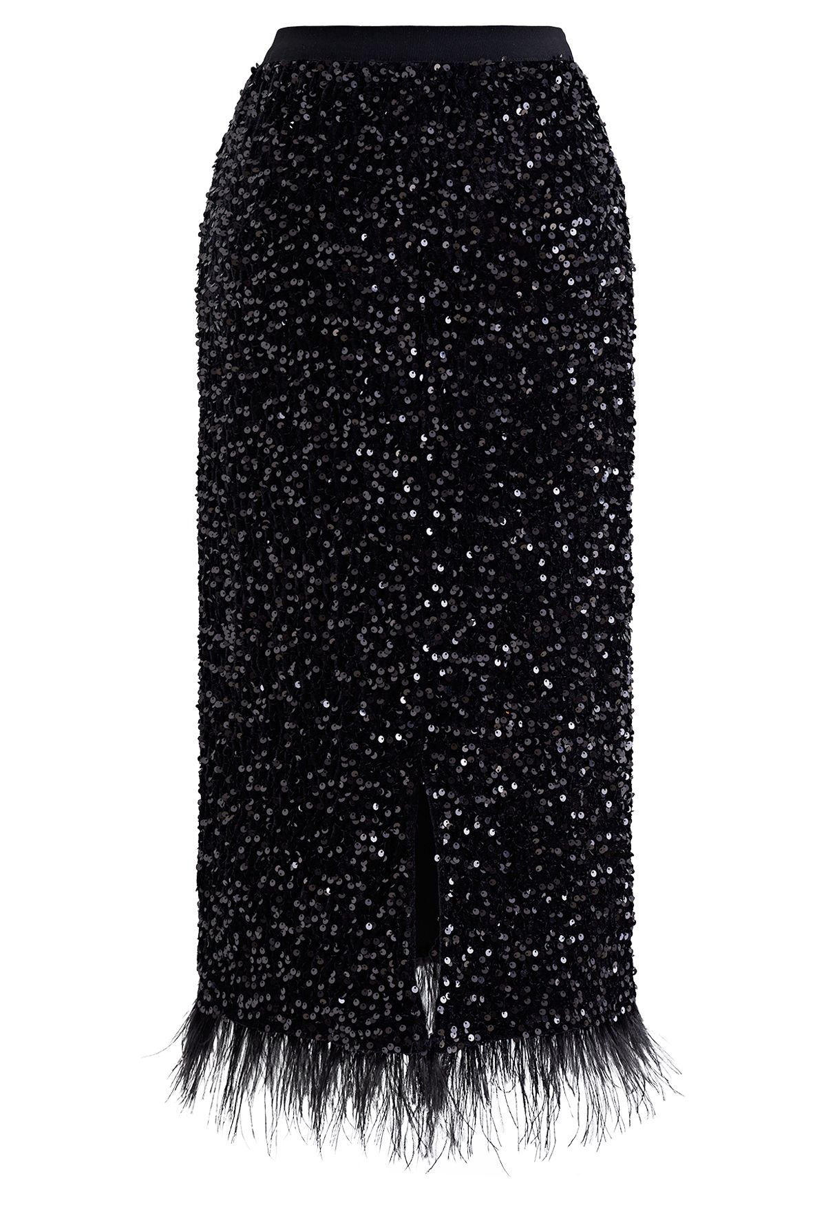 Velvet Sequined Feathered Hem Pencil Skirt in Black