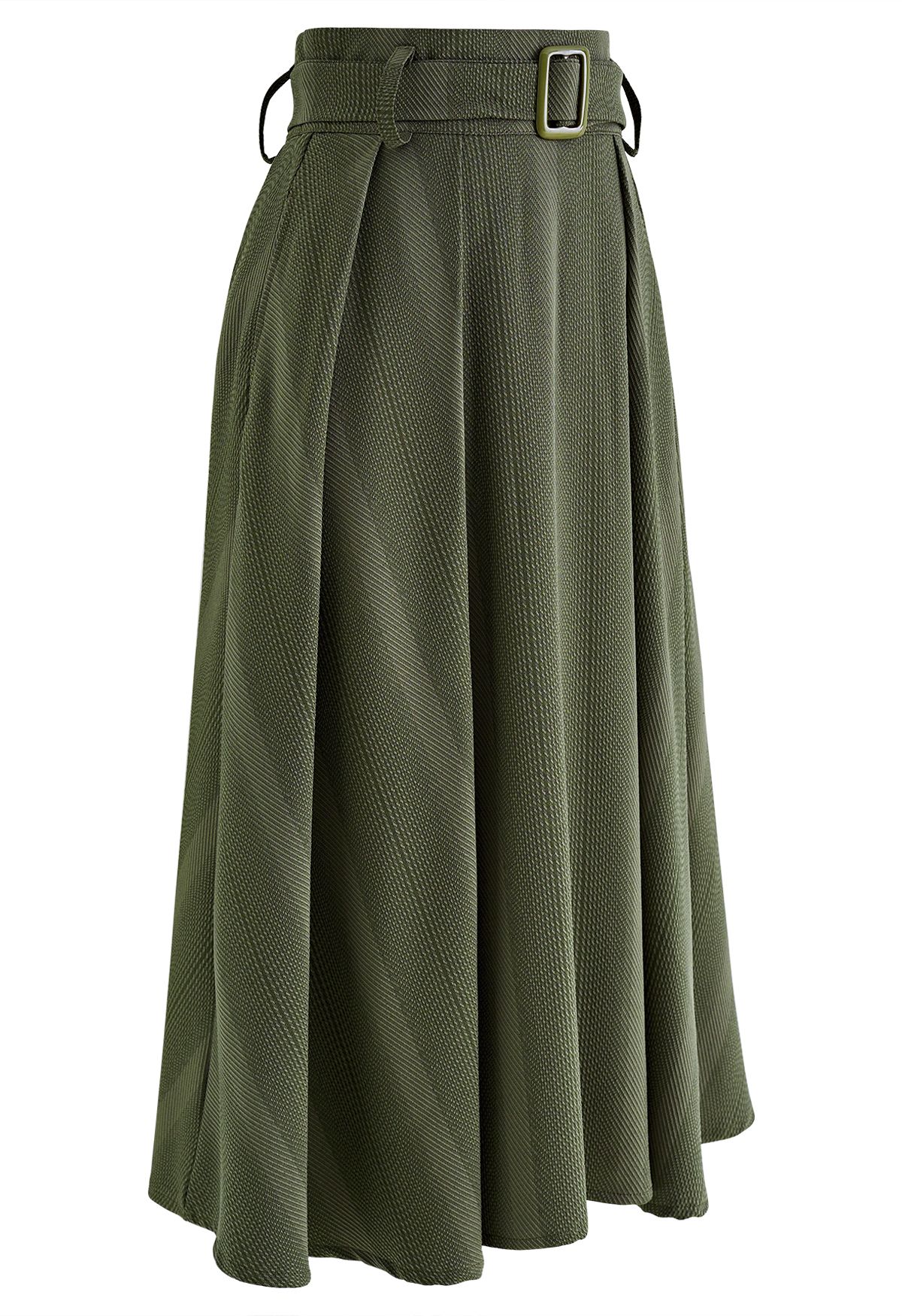 Belted Texture Flare Midi Skirt in Olive