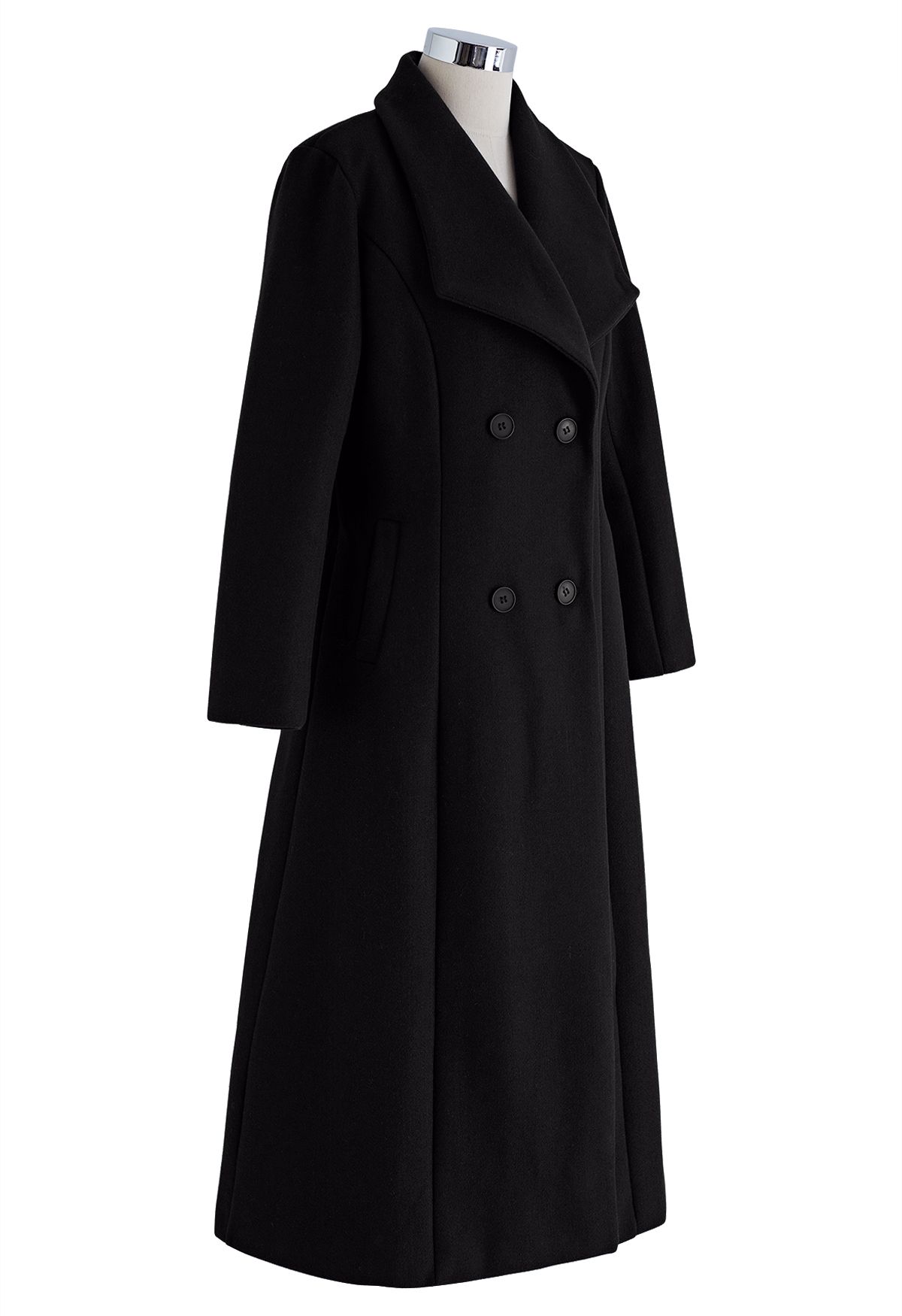 Manteau long évasé à double boutonnage et revers larges en noir