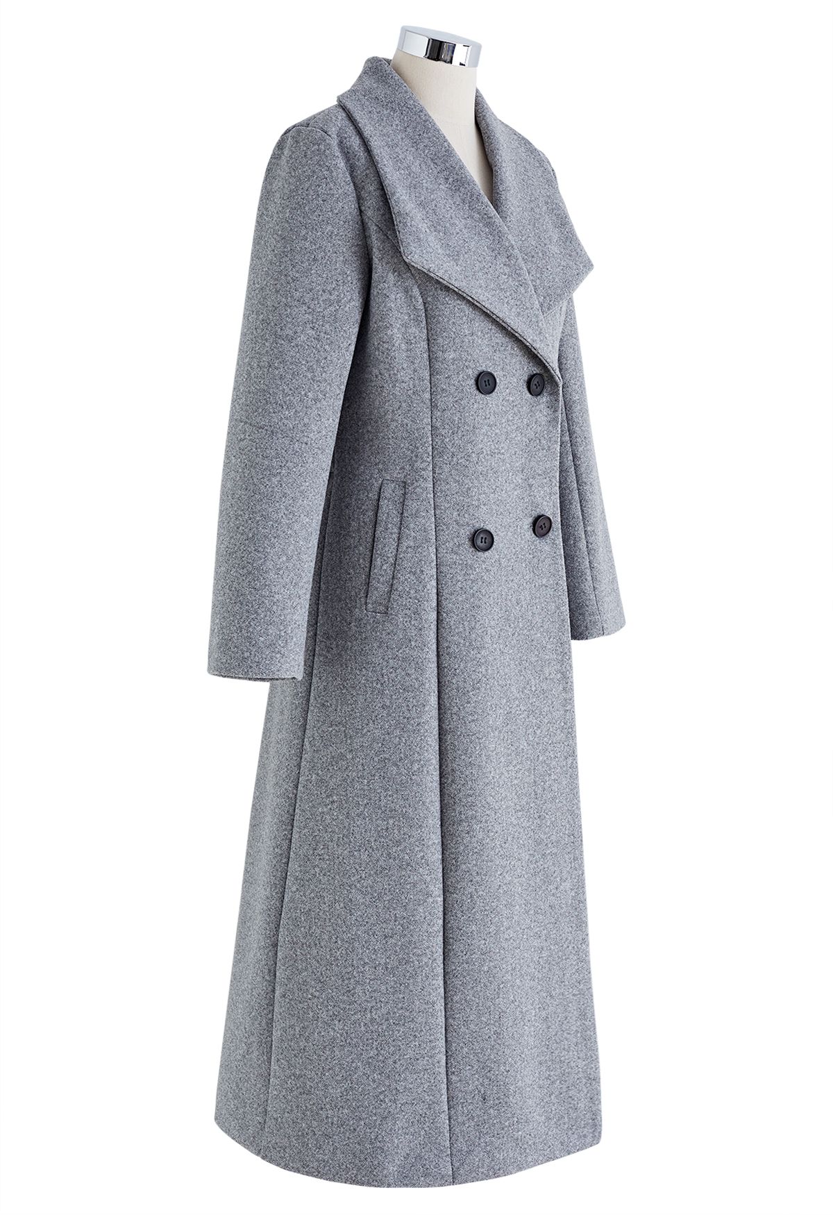 Manteau long évasé à double boutonnage et revers larges en gris