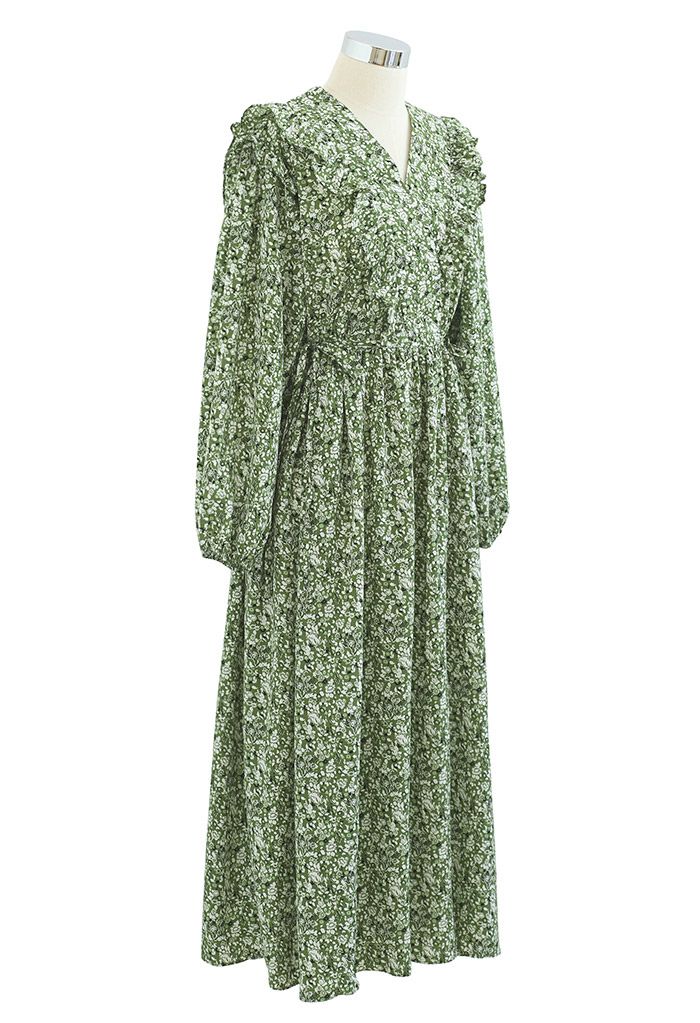 Robe mi-longue à imprimé petites fleurs et col en V en vert