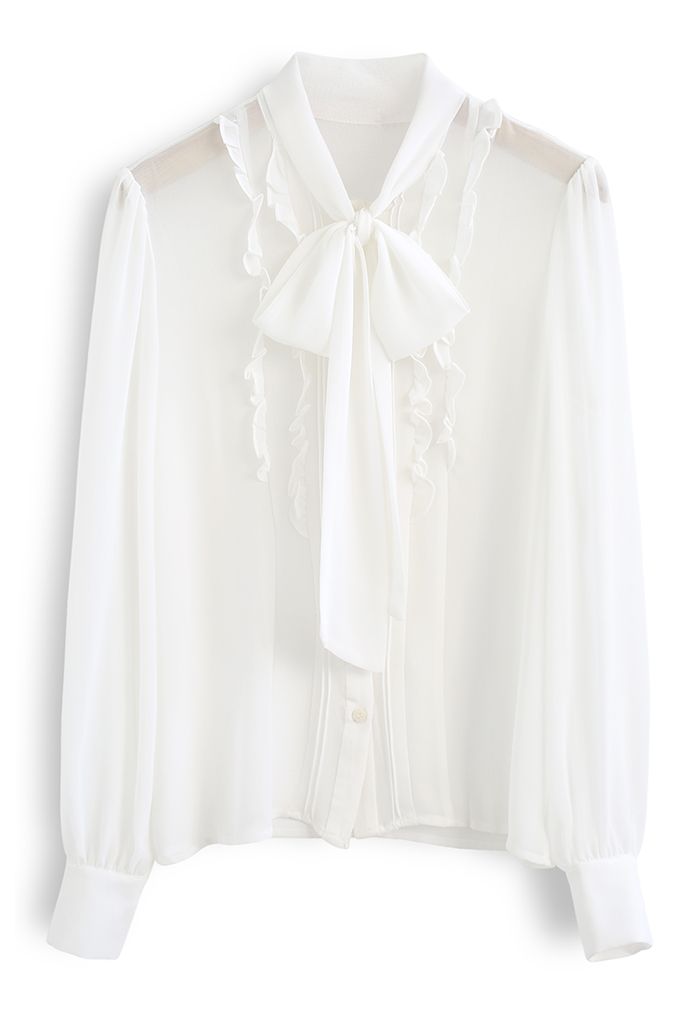 Chemise en mousseline semi-transparente à nouer avec nœud papillon en blanc