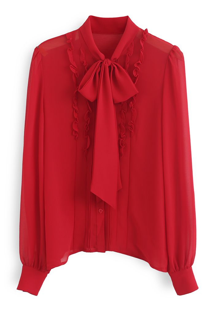 Chemise en mousseline semi-transparente à nouer avec nœud papillon en rouge