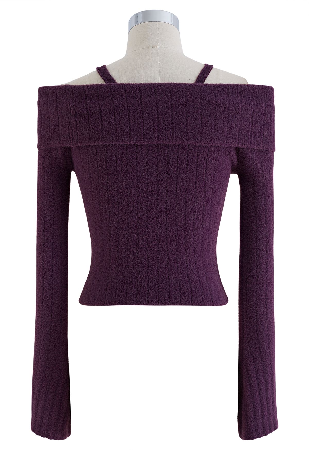 Haut court en tricot à découpes torsadées et épaules dénudées en violet