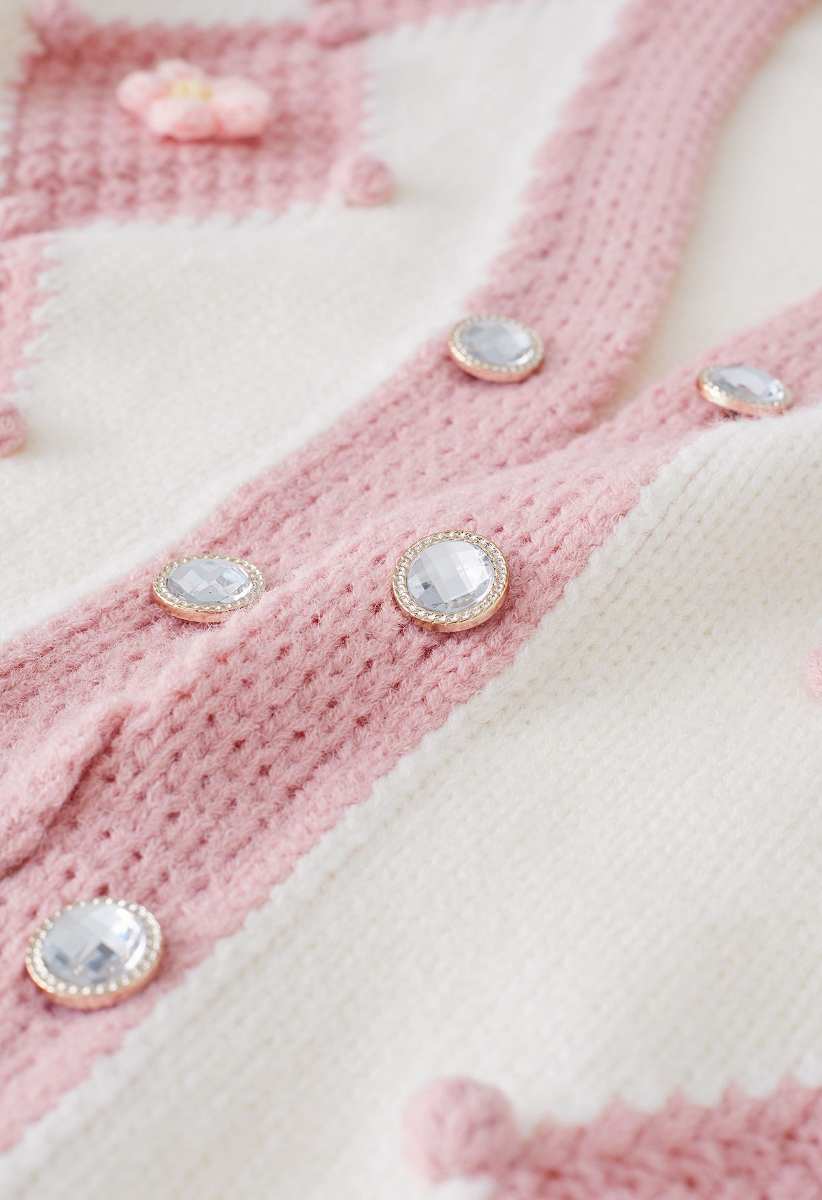 Pink Floral Stitched Pom-Pom Knit Cardigan
