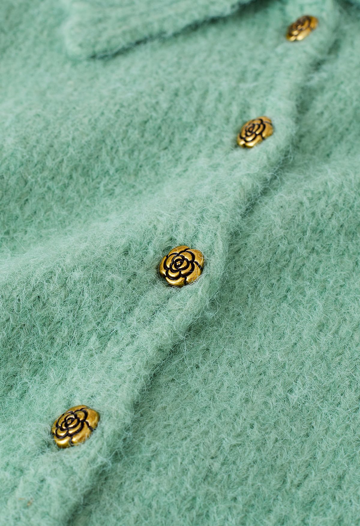 Cardigan en tricot à col festonné et boutons roses rétro en vert