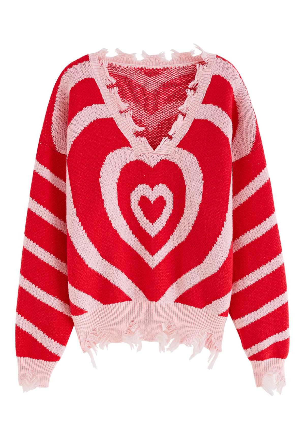 Pull en Tricot à Bord Effiloché Coeur Multicouche en Rouge