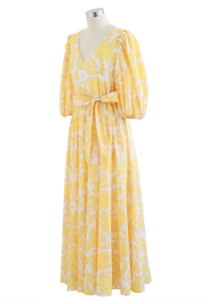 Robe longue à col en V et imprimé de vigne Fleur divin en jaune
