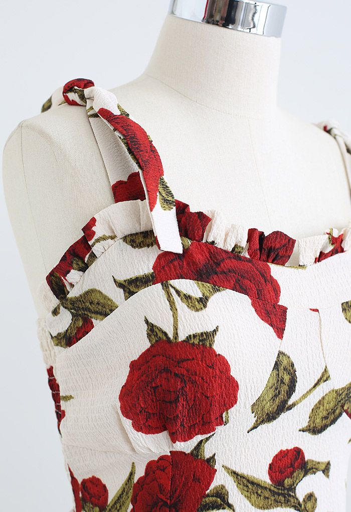 Robe mi-longue Rose rouge sereine à bretelles nouées en relief