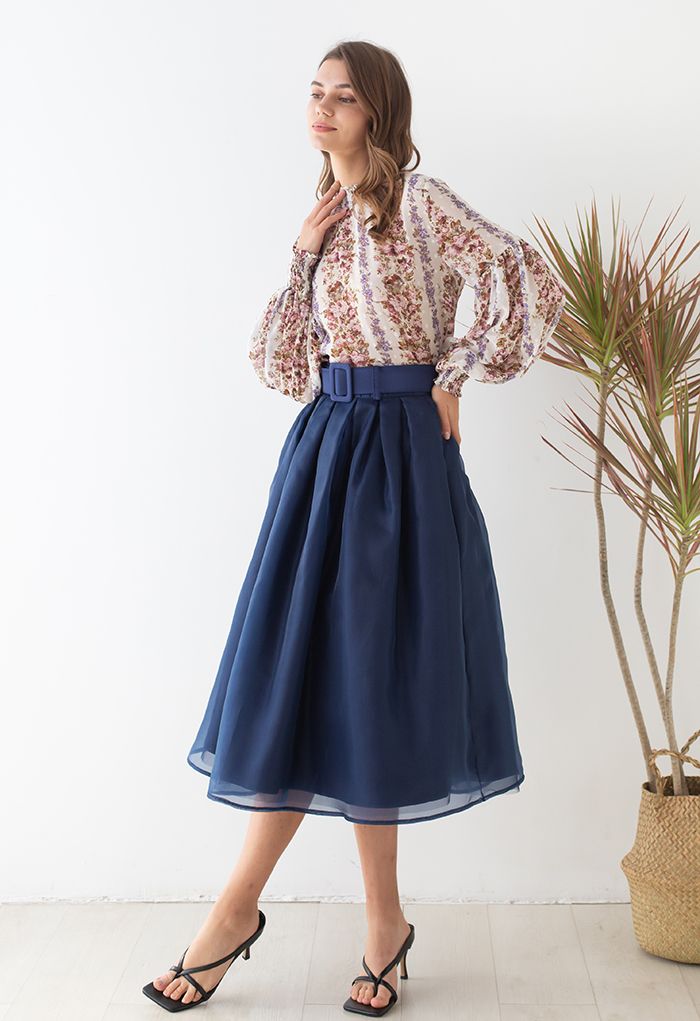 Jupe mi-longue plissée en organza doux bleu marine - Retro, Indie and  Unique Fashion