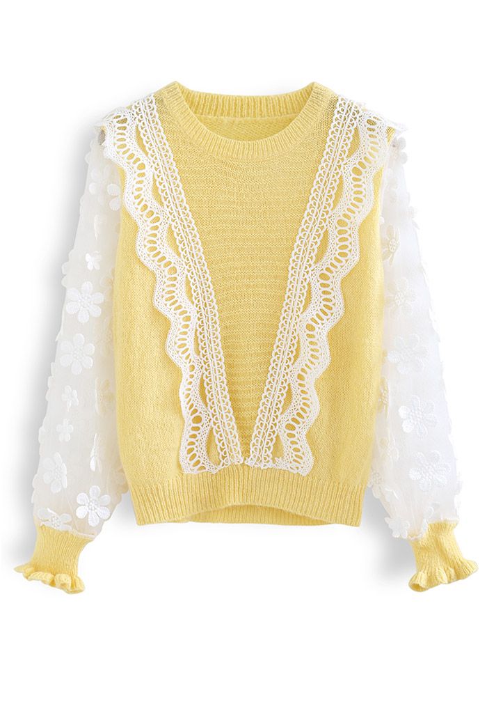 Haut en tricot épissé à manches en maille à fleurs au crochet en jaune