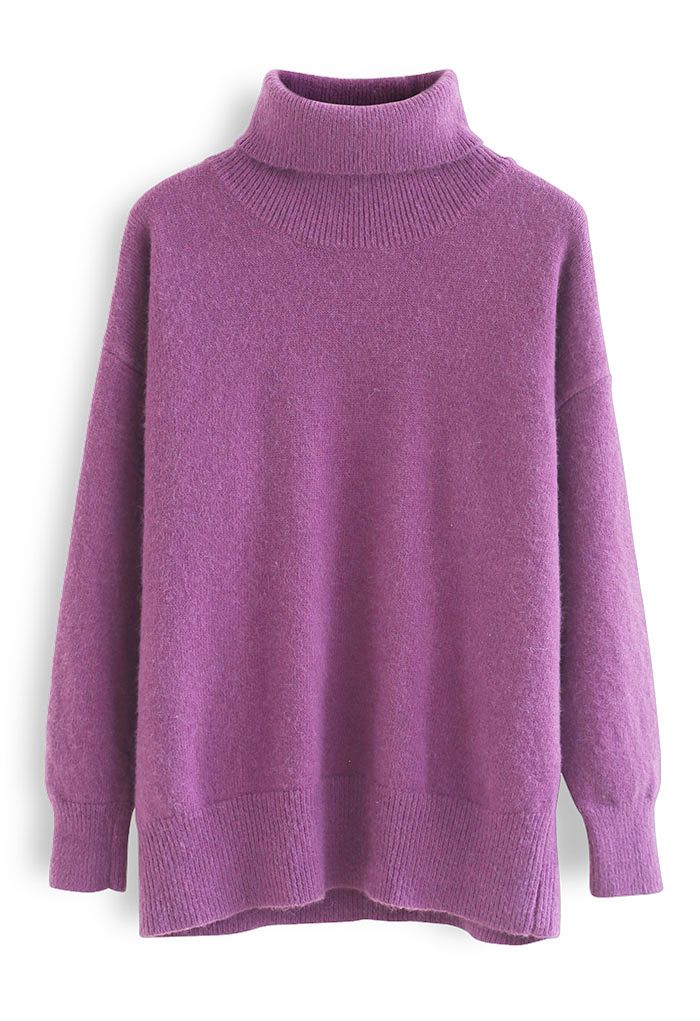 Pull à col roulé en tricot doux et soigné en violet