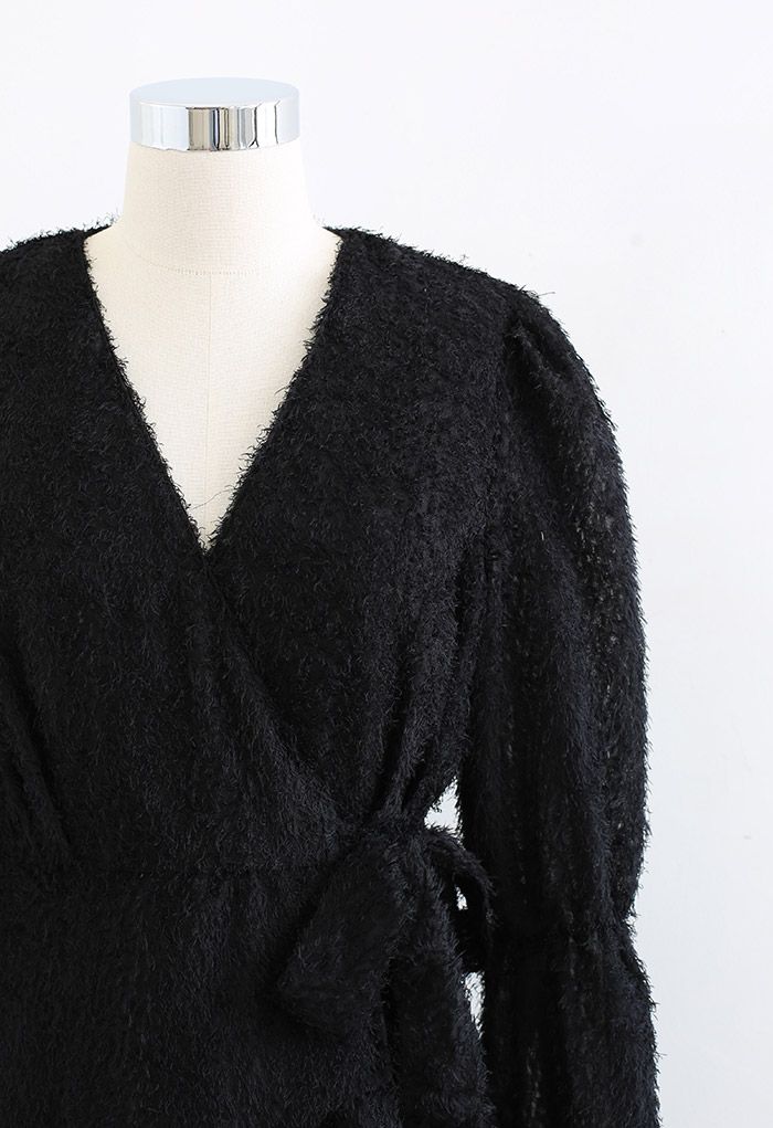 Mini Robe Asymétrique Bowknot Enveloppée Floue en Noir