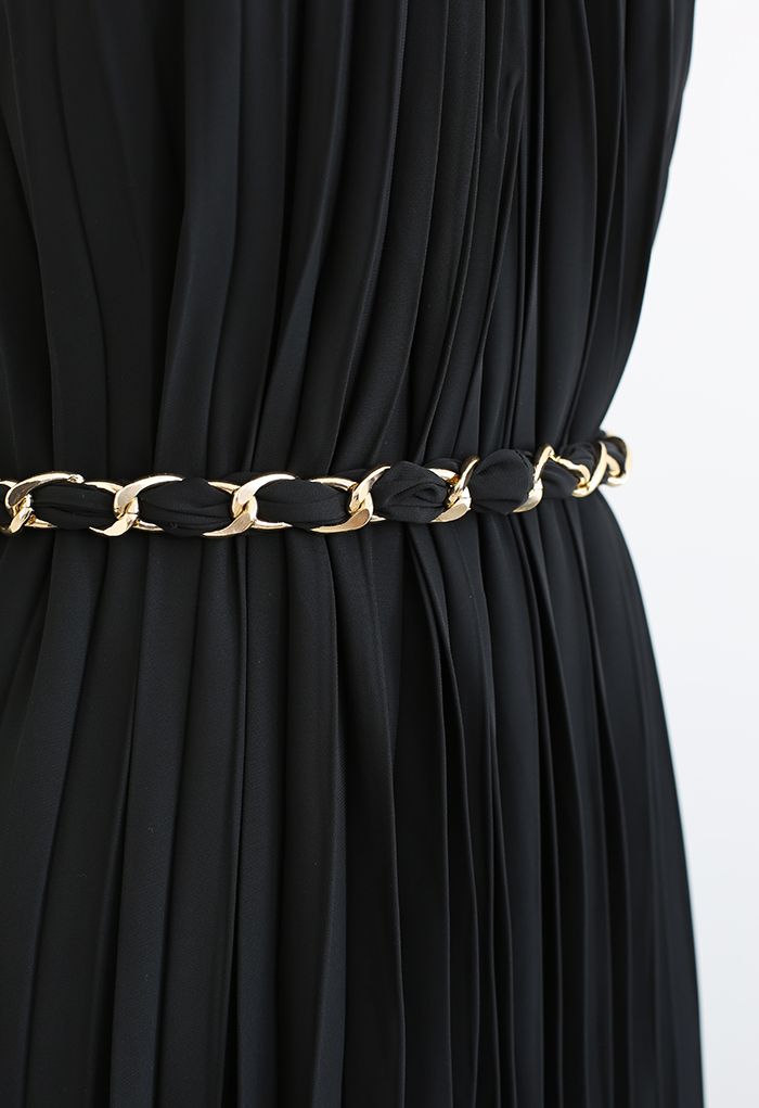 Robe longue plissée Chaine en or dos nu en noir