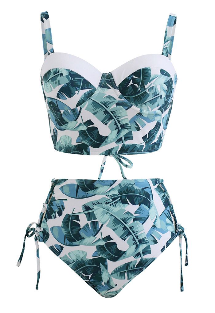 Ensemble de bikini à imprimé feuilles à lacets dans le dos