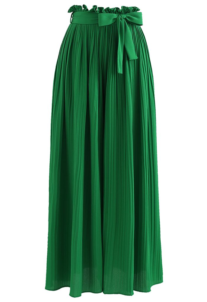 Pantalon large plissé à taille nouée en vert