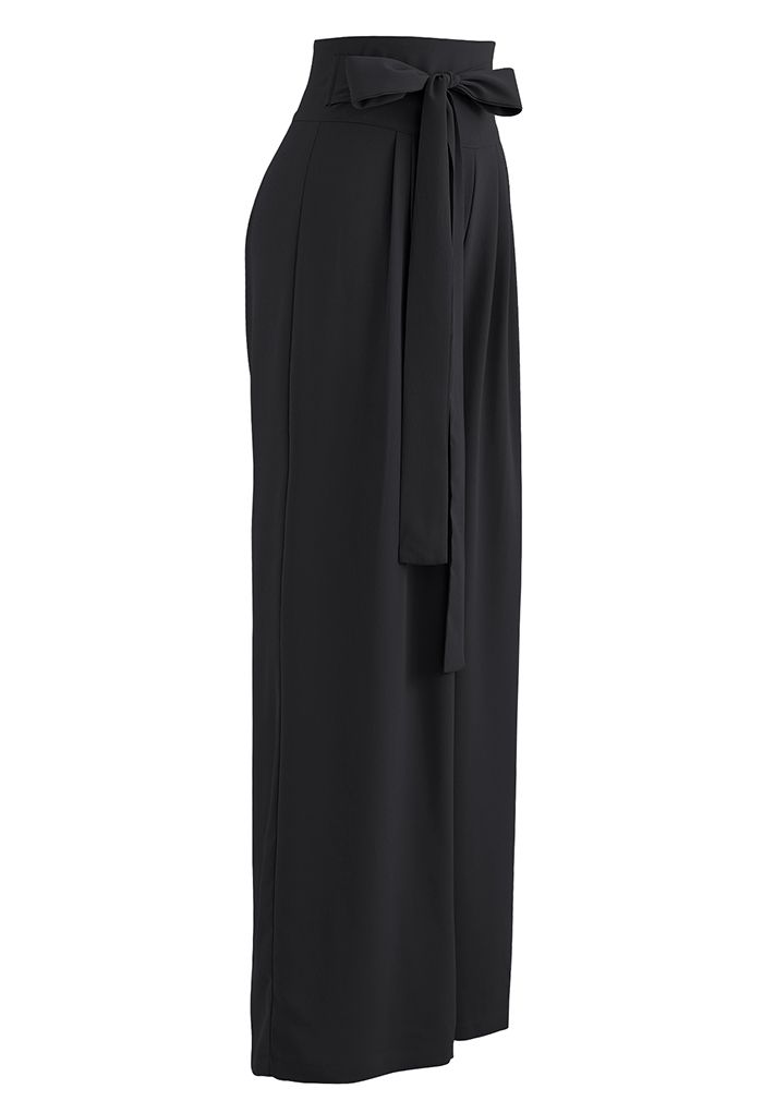 Pantalon large taille haute Bowknot en noir