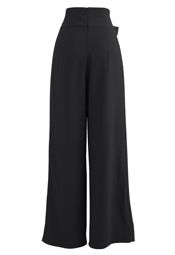 Pantalon large taille haute Bowknot en noir