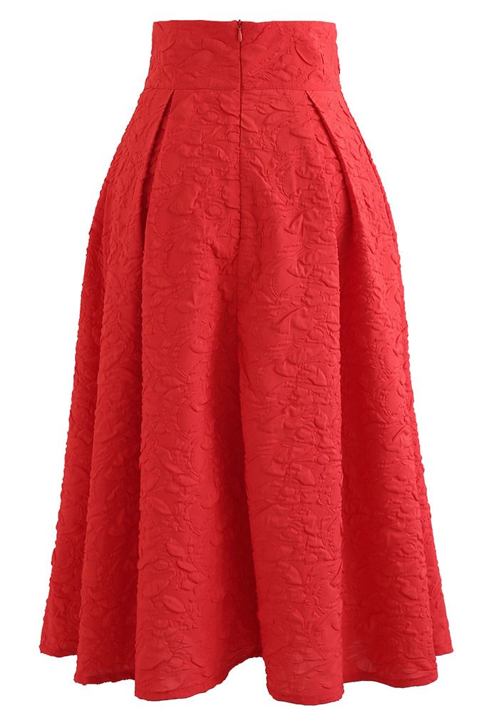 Jupe mi-longue taille haute boutonnée en relief en rouge